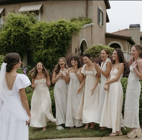 Ecru Bridesmaid Dresses, Oatmeal Bridesmaid Dresses, Bridesmaids In Cream, Off White Bridesmaids, Bridesmaid Dress Same Color Different Style, Linen Bridal Party, Off White Bridal Party, All White Bridal Party Bridesmaids, White Bridesmaid Dresses With Bride