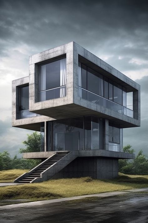 Photography of a modern architecture concrete dream house in a cloudy sky background. Small Industrial House, Elegant Modern House, Houses Projects, Industrial Style Home, Concrete Architecture, Unusual Buildings, Senior Project, Container House Plans, Concrete House