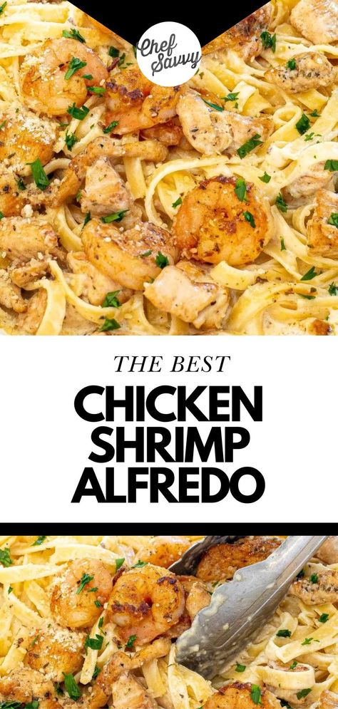 Chicken Alfredo With Shrimp, How To Cook Shrimp For Alfredo, Shrimp With Alfredo Sauce, Chicken And Shrimp Alfredo Recipe, Shrimp And Chicken Alfredo, Cajun Chicken And Shrimp Alfredo, Shrimp And Chicken Pasta, Chicken Shrimp Alfredo, Easy Shrimp Alfredo Recipe