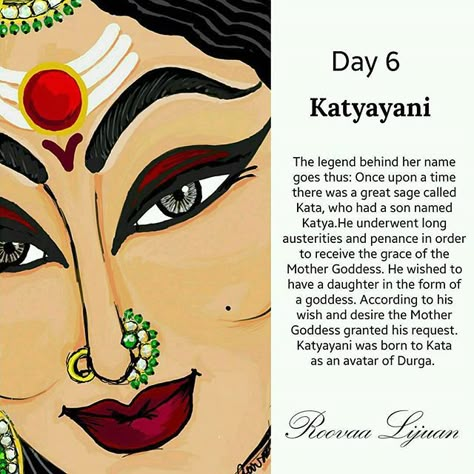 A beautiful sketch of Day 6 Swaroopa of Maa Durga by this awesome artist Roova Lijuan Maa Katyayani | If you make vow of fasting and worshipping her, she would bless you with the husband you have wished and prayed for. If marriage is getting delayed due to one or the other reason, you may worship Maa Katyayani to remove obstacles that may be causing delays in her marriage. Navratri Devi Images, Navratri Puja, Navratri Wishes, Hindu Rituals, Happy Navratri Images, Shakti Goddess, Oh My Goddess, Durga Images, Hindu Dharma