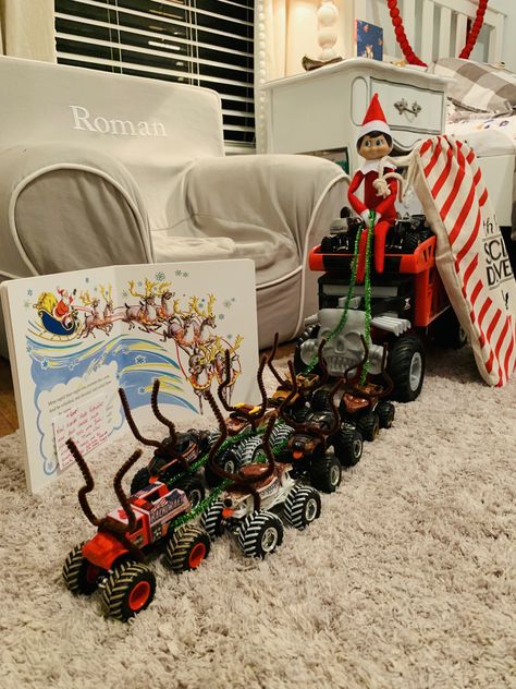 Elf On The Shelf Ideas With Hotwheels, Elf On Shelf Monster Truck, Elf On The Shelf Fire Truck, Elf On The Shelf Lightning Mcqueen, Wlf On The Shelf Ideas For Kids For Boys, Elf On The Shelf Ideas Dinosaurs, Elf On The Shelf Ideas With Monster Trucks, Elf Monster Truck, Elf On The Shelf Tractor Ideas