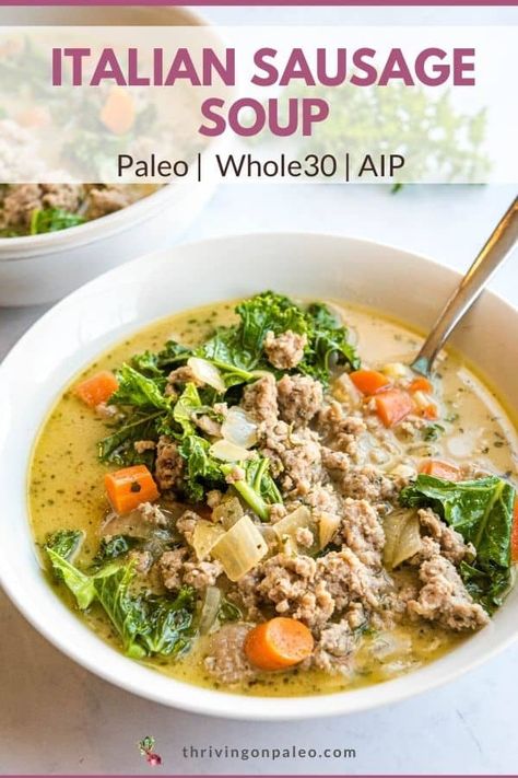 Sausage Kale Soup, Whole 30 Soup, Aip Diet Recipes, Nightshade Free Recipes, Soup Paleo, Sausage And Kale Soup, Autoimmune Paleo Diet, Sausage Kale, Autoimmune Recipes