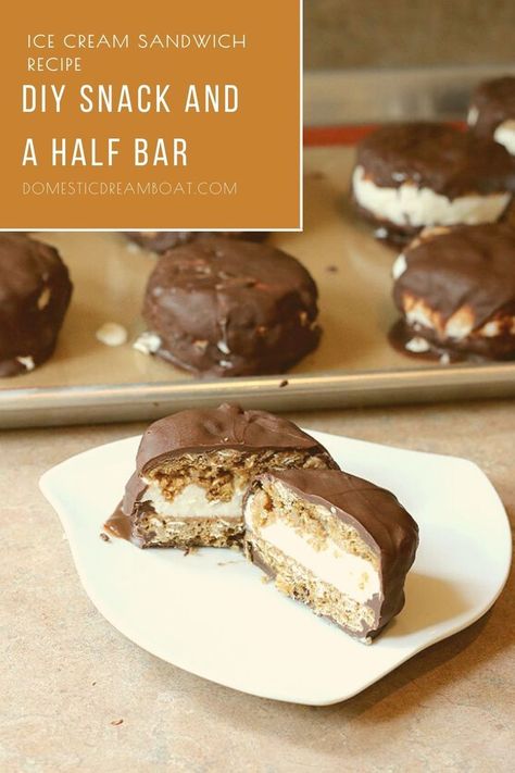 This homeade ice cream sandwich is just like a Snack and a Half bar - vanilla ice cream sandwiched between oatmeal cookies and dipped in chocolate. Snack and a Half | Ice Cream Recipes | Frozen Dessert Recipe Snack And A Half Dessert, Ice Cream Cookie Sandwich Cake, Chocolate Covered Ice Cream, Vanilla Ice Cream Sandwich, Ice Cream Sandwiches Recipe, Frozen Dessert Recipe, Diy Snacks, Ice Cream Cookie Sandwich, Ice Cream Sandwiches