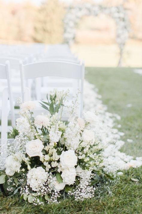 White And Green Wedding Flowers Centerpieces, White Florals And Greenery Wedding, Floor Flower Arrangements Wedding Ceremony, Isle Floral Decorations Wedding, Wedding Arrangements Ceremony, White Flower Wedding Ceremony, White And Green Florals For Wedding, White And Green Floral Arrangements Wedding, White Wedding Florals With Greenery