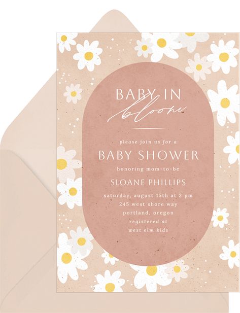 Retro Daisies Invitations in Red | Greenvelope.com Daisy Baby Shower Theme, Daisy Invitations, Daisy Baby Shower Invitations, 70s Theme Party, Retro Baby Showers, Daisy Baby Shower, Budget Baby Shower, Baby In Bloom, Baby Shower Invitation Cards