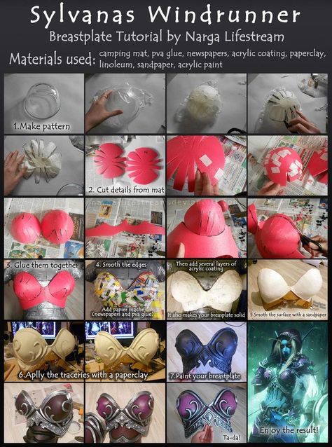 I wanna show you how I made breastplate for Sylvanas Windrunner from World of Warcraft. Camping mat is cheaper than Worbla, EVA and craft-foam, but it also good material for armor making. It ... Foam Smithing, Cosplay Advice, Sylvanas Windrunner, Diy Kostüm, Costume Tutorial, Cosplay Armor, Cosplay Tutorial, Cosplay Diy, Cosplay Tips