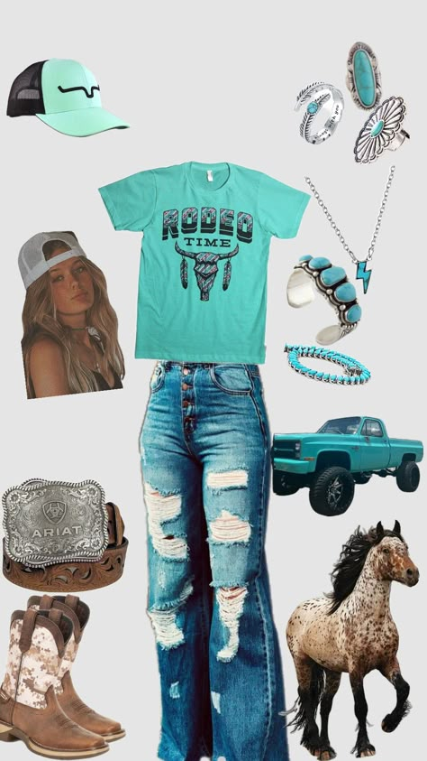 turquoise fit Cowgirl Rodeo Outfits, Ranch Clothes, Cute Western Clothes, Fair Fits, Cute Country Fits, Farm Outfits, Country Outfit Ideas, Cute Easy Outfits For School, Country Lyrics Quotes