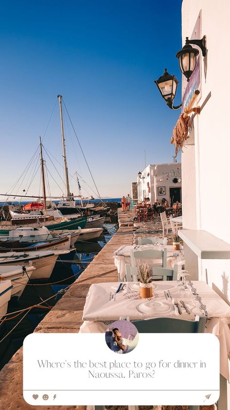 Seafront restaurant with boats in the fore and background. 10 Days In Greece, Naoussa Paros, Athens Travel, Greece Honeymoon, Greek Vacation, Greece Itinerary, Places In Greece, Paros Greece, Most Romantic Places