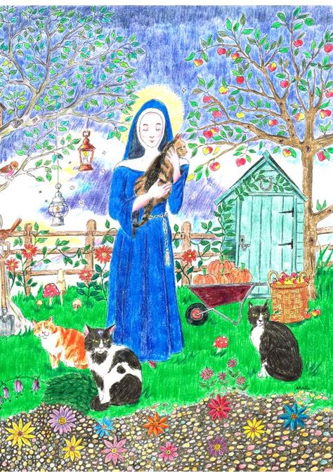 I had never heard of St Gertrude of Nivelles until one Christmas when a neighbour pushed a note through my door addressed to her.  A bit of googling soon revealed her to be the patron saint of cats… St Gertrude Patron Saint Of Cats, Gertrude Of Nivelles, Patron Saint Of Cats, Saint Gertrude, Santa Gertrudes, St Gertrude, Religious Paintings, Cat Signs, Outdoor Cats