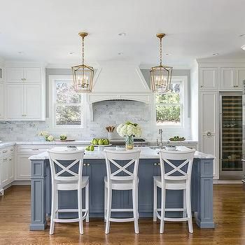 Blue Kitchen Island with White Wood X Back Counter Stools Beach Style Kitchen, Blue Kitchen Island, Building A Kitchen, White Kitchen Design, Transitional Kitchen, Blue Island, Blue Kitchens, Traditional Kitchen, Kitchen Layout