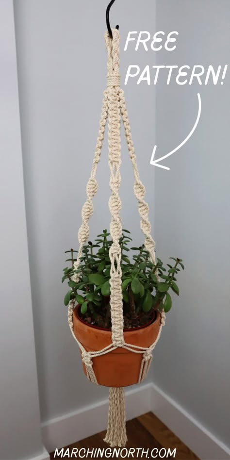 How to Make a Simple Macrame Plant Hanger (Easy Tutorial!) | Marching North Macrame Plant Hanger 5mm, How To Make Plant Hangers Macrame, Diy Boho Plant Hanger, Macrame Plant Hanger Thick Rope Diy, Macrame Plant Hanger Step By Step, Yarn Macrame Plant Hanger, How To Make A Plant Hanger Out Of Rope, Homemade Plant Hangers Diy, Diy Macrame Plant Hanger Pattern Hanging Baskets