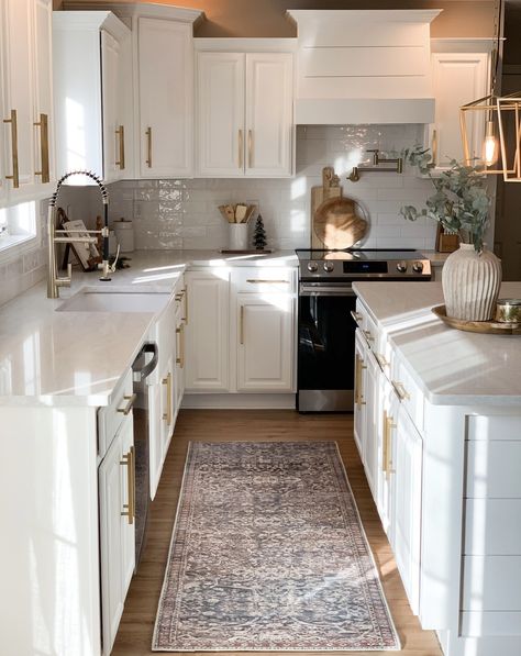 How To Choose The Best Kitchen Rug: Sizing Guide | Rugs Direct Rug Under Island In Kitchen, Kitchen Rug Placement Layout, Rug Sizing Guide, Runner In Kitchen, Kitchen Rug Placement, Rug In Kitchen, Rugs Layout, Kitchen Galley, Small Galley Kitchen