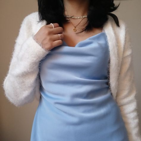 Blue Dress White Cardigan, Powder Blue And White Outfit, Fluffy White Cardigan Outfit, White And Blue Dress Aesthetic, Light Blue Dress Winter Outfit, Fluffy White Cardigan, Blue Girly Outfits, Powder Blue Dress Outfit, Baby Blue Aesthetic Outfit