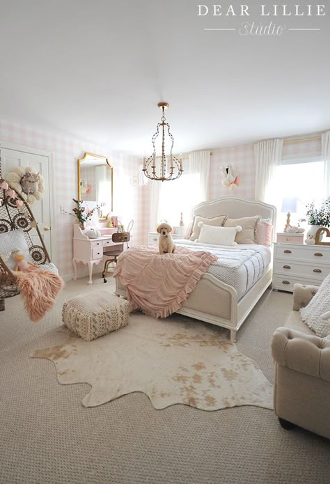 Gold Euro shams and a knit pillow from HomeGoods help add a cozy touch to this pink and white girls bedroom. (sponsored pin) White Girls Bedroom, Cool Kids Rooms, Cute Bedroom Ideas, Dekorasi Kamar Tidur, Girl Bedroom Designs, Teen Bedroom Decor, Girl Bedroom Decor, Room Inspiration Bedroom, Room Ideas Bedroom