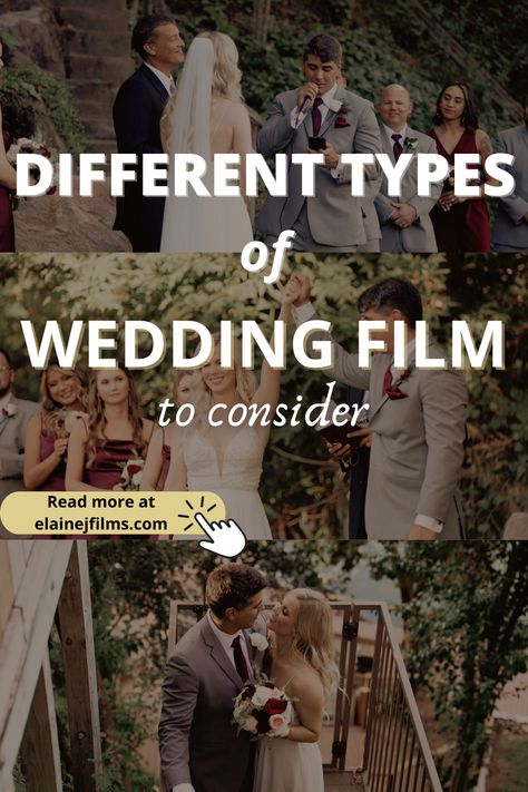 Discussion of the different types of wedding film to buy | Wedding Video types | Popular Highlight Reel | Feature Films | Ceremony Edit | Documentary Edits | Wedding Teasers | Read more at https://elainejfilms.com/types-of-wedding-videography-film/ Documentary Videography, Crossword Wedding, Wedding Videography Ideas, Wedding Video Tips, Wedding Cinematography Videos, Wedding Highlight Video, Firefly Forest, Insta Board, Film Party