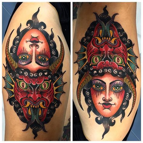 Good Bad Tattoo, Upside Down Tattoo, Face Mask Tattoo, Upside Down Face, Devil Photo, Spooky Tattoos, Tattoo Graphic, Head Tattoos, Line Art Design