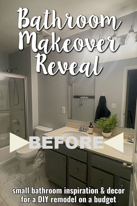 Bathroom Makeover Reveal - Cheap Upgrades For A STUNNING Transformation! Renovating A Bathroom On A Budget, Bathroom Remodel Before And After, Bathroom Makeover On A Budget, Renter Friendly Bathroom Makeover, Cheap Bathroom Makeover, Small Bathroom Inspiration, Creative Storage Solutions, Cheap Bathrooms, Old Bathroom