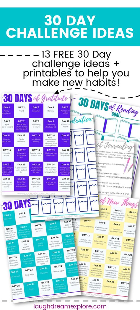 Thirteen 30 day challenge ideas, plus free printables for each one! Whether you're looking for 30 day fitness challenges, 30 day self care challenge (seriously, everyone should do one of these!), 30 day gratitude challenge, or to get your finances in order, you have to check this out! Perfect to keep you on track with your new year resolution, or to start a new habit (generic habit tracker included!)...or kick an old, bad habit! Fit Challenge 30 Day, Bujo Challenge 30 Day, Monthly Challenge Ideas 30 Day, Challenges 30 Day, 30 Day Challenge List, Challenged To Do With Friends, 30 Day Gratitude Challenge, 30 Day Self Care Challenge, Resolution Ideas