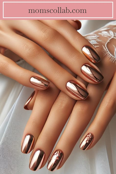 Have fun exploring these designs, mix and match for your bridesmaids, and most importantly, let your winter wedding nails express your love. Nails For Bridesmaids Wedding, Fall Gold Nails, Nail Designs Neutral Colors, Fall Bride Nails, Maid Of Honor Nails Ideas, Fall Bridesmaid Nails, Copper Chrome Nails, Copper Nails Designs, Winter Wedding Nails