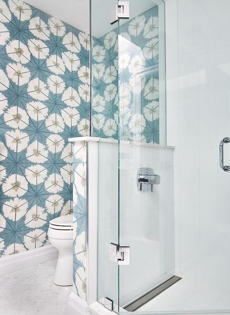 Glass Over Toilet Pony Wall - Transitional - Bathroom Pony Wall Between Shower And Toilet, Wall Between Shower And Toilet, Showers With Pony Walls, Toilet Pony Wall, White And Blue Floral Wallpaper, Bathroom Pony Wall, Herringbone Floor Tiles, Wallpaper Accents, Marble Herringbone Floor