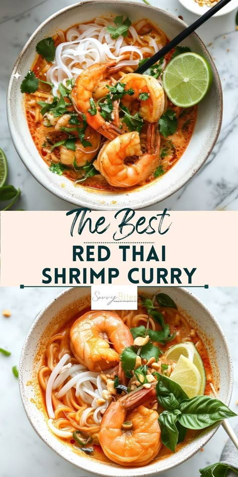 Enjoy a taste of Thailand with our Thai Coconut Shrimp Curry over noodles. This budget-friendly recipe blends the rich flavors of Thai red curry in a simple noodle soup, perfect for easy family meals. Inspired by Aldi recipes, it's a quick, delicious dinner solution. Prawn Noodles Recipes, Shrimp Curry Recipe Thai, Thai Red Curry Shrimp Recipe, Easy Prawn Curry, Red Thai Curry Prawns, Red Curry Coconut Shrimp, Thai Red Curry Chicken Recipe, Thai Prawn Curry, Prawn Noodle Recipes