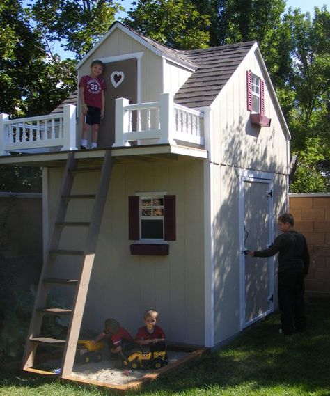 Shed Under Playhouse Outdoor Playhouse Ideas, Shed Playhouse, Big Sheds, Corner Sheds, Playhouse Ideas, Build Your Own Shed, Diy Playhouse, Build A Playhouse, House Shed