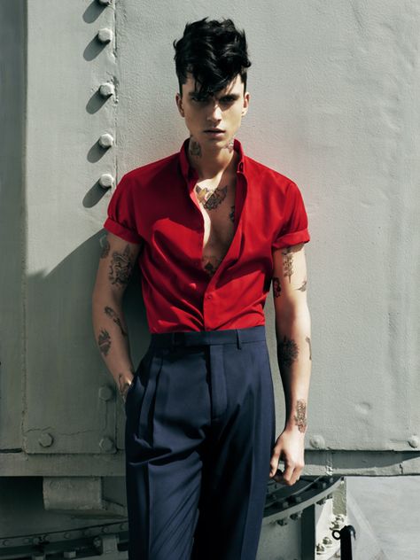 Manuscript - Sailor boy Androgynous Fashion, Boy Hairstyles, Red Shirt, Mens Street Style, Haircuts For Men, Fashion Sense, High Waisted Pants, Boy Fashion, Boy Outfits