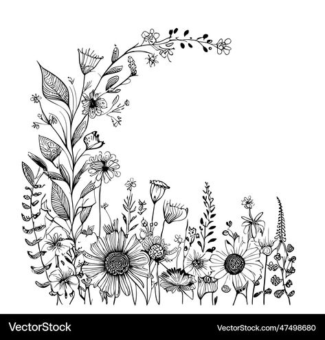 Wild Flower Tattoo Black And White, Line Drawn Flower Tattoo, Row Of Flowers Drawing, Wild Flower Drawing Simple, Flower Line Drawing Botanical Illustration, Wild Flowers Drawing Sketch, Wildflower Drawing Simple, Drawn Flowers Simple, Wild Flower Sketch