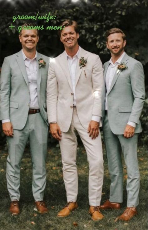 Wedding Color Schemes Bride And Groom, Men Tux Wedding Groom Outfit, Tan Groom With Grey Groomsmen, Beige Suit Sage Tie, Garden Wedding Suit Grooms, Ivory Groomsmen Attire, Father Of The Bride Attire Beach Wedding, Groomsmen Attire Pastel Colors, Garden Wedding Suits Men