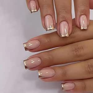 Gold Press on Nails French Tip Fake Nails Medium Square Stick on Nails Glossy Full Cover Acrylic Nails Golden False Nail Tips Glue on Nails Medium Length Artificial Nails for Women DIY Manicure, 24Pcs Light Pink Acrylic Nails, Gold French Tip, French Tip Manicure, Nails Press Ons, Nails Short Square, Nails Glossy, Press On Nails Medium, Nails Press, French Tip Acrylic Nails