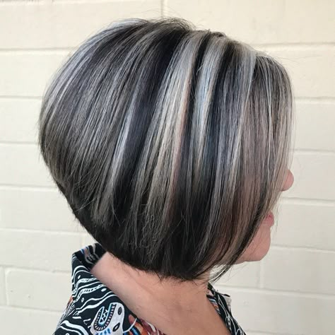 Sleek Rounded Black and Blonde Bob Brown Hair Platinum Highlights, Hair Lowlights, Brown Hair With Silver Highlights, Grey Blending, Frosted Hair, Reddish Brown Hair, Grey Hair Transformation, Gorgeous Gray Hair, Transition To Gray Hair