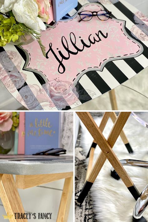 Why have boring TV trays when you can chalk paint them with Dixie Belle chalk mineral paint!? Click over to the blog to see the step-by-step process of this TV tray makeover. Tracey's Fancy Tracey Bellion Folding TV Tray Tween Gift Guide Tween Gift Idea Personalized Gifts DIY Chal Paint Furniture DIY Chalk Paint Colors Black White Pink Black And White Stripes Hand Lettered Design Upcycled Furniture Upcycled TV Tray Tray Table Hand Lettering How To Chalk Paint Furniture Painted Tv Trays, Tv Tray Makeover, How To Chalk Paint, Tray Makeover, Folding Tv Trays, Painted End Tables, Whimsical Painted Furniture, Tv Tray, Personalised Gifts Diy