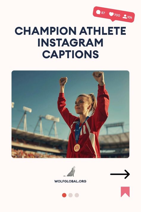 An athlete in red raises fists in victory, medal around neck, stadium background.
Inspirational sports-related statements and emojis with a "Get 100+ more" button at the bottom.
A smiling woman sitting with a laptop, surrounded by social media icons, advertising Instagram engagement. Champion Captions Instagram, Fire Captions, Athlete Instagram, Thank You For Today, Victory Pose, Instagram Games, Game Face, Chasing Dreams, Celebration Quotes