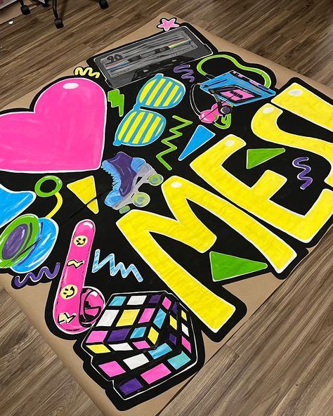 Swipe to see the 7hr long process of a 90s themed 6’x6’ banner in photos 🫠🛼🩵 Elementary School Hallway, Themed Bulletin Boards, 90s School, School Hallway, School Hallways, School Time, Retro 90s, Brown Paper, Elementary School