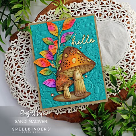 Spellbinders Enchanted Stitched Mushrooms - Sandi MacIver - Card making and paper crafting made easy Mintay Papers Apple Season Cards, Spellbinders Kaleidoscope Plaid, Mushroom Cards Handmade, Mushroom Cards, Stitched Cards, Fairy Stuff, Autumn Cards, Retreat Ideas, Stamping Cards