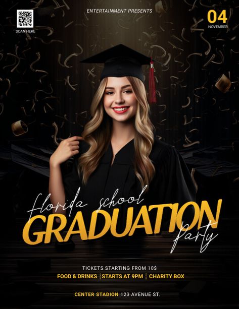 Graduation Party flyer template | PosterMyWall Graduation Party Poster, Graduation Party Flyer, Printables Ideas, Party Flyer Template, Party Tickets, Flyer Design Inspiration, Flyer Design Templates, Party Poster, Art 3d