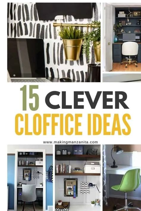 Work from home is a huge part of our current culture. Even if you're short on space, you can still have a dedicated place to work at home with a closet office! Check out these brilliant cloffice ideas for your home. Closet Office Decorating Ideas, Converting A Closet Into An Office, Home Office In Wardrobe, Closet Office Organization Ideas, Closet Offices Diy, Closet Turned Office Nook, Bedroom Office Organization Ideas, Work From Home Closet Office, Office Closets Ideas