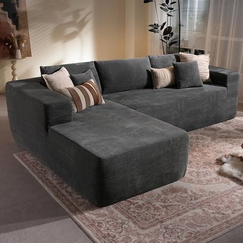 Amazon.com: 106" Cloud Sectional Couch with Chaise Longue,L Shaped Modular Modern Sofa,Comfy Corduroy Fluffy Couch with Deep Seat,No Assembly Required Couch for Living Room(Right,Stripe Corduroy,Black) : Home & Kitchen Mobile Home Living Room Ideas, Sectional Couch With Chaise, Mobile Home Living Room, Fluffy Couch, The Cloud Couch, Cloud Sectional, Gray Sofas, Sofa Comfy, Home Living Room Ideas