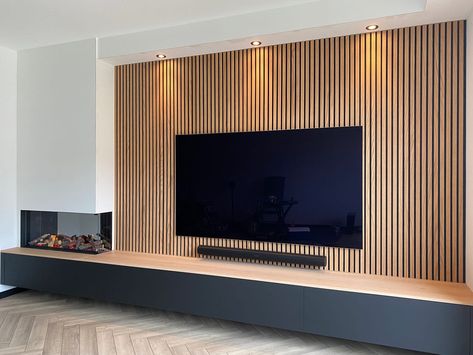 Wood Slat Entertainment Wall, Acoustic Wall Living Room, Tv Snug Room Ideas, Tv Wall Cladding, Recessed Tv Wall, Ikea Tv Wall Unit Ideas, Tv Accent Wall Ideas Mounted Tv, Wall Mounted Tv Ideas, Basement Tv Room