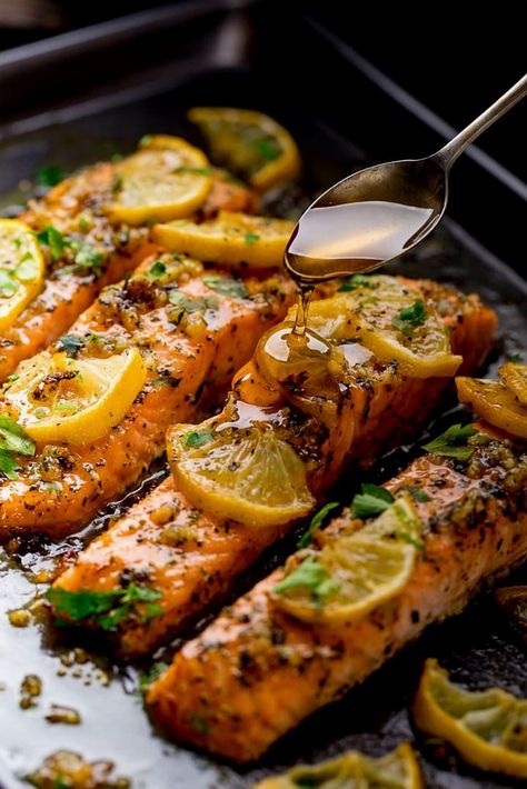 Indulge in the perfect blend of flavors with this savory baked salmon recipe featuring a luscious honey garlic butter glaze. Ideal for a cozy dinner or a special occasion, this dish combines the rich taste of salmon with the sweet and tangy notes of honey and garlic. Easy to prepare and sure to impress, it's a delightful way to enjoy a healthy and delicious meal. Perfect for seafood lovers looking to add a gourmet touch to their home-cooked meals. Fall Salmon Recipes, Squash Salad Recipes, Fall Salmon, Butternut Squash Salad Recipes, Salmon With Honey, Roasted Butternut Squash Salad, Honey And Garlic, Baked Salmon Recipe, Honey Salmon