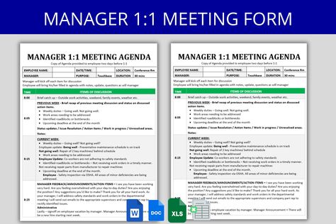 The 1:1 Manager Meeting Agenda is an essential tool in your HR Templates suite, created to streamline communication between a manager and their direct report. As a One-on-One Agenda Template, it's designed to ensure efficiency and focus during these critical one-on-one interactions. Staying on subject and adhering to a time limit can be a challenge in any meeting, more so when it's a personal interaction like a one-on-one. This Employee Agenda provides a structured meeting schedule, guiding disc 1:1 Template, 1 On 1 Meeting Template, 1:1 Meetings With Employees, One On One Meeting Employee Template, Hr Templates, Job Help, Project Management Templates, Meeting Agenda, Microsoft Word Document