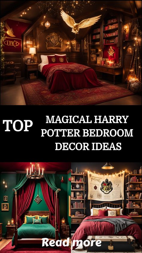 Transform your bedroom into a magical Hogwarts haven with these enchanting Harry Potter-inspired decor ideas. Harry Potter Rooms Bedrooms, Harry Potter Bedroom Decor Ideas, Nerdy Bedroom Aesthetic, Gryffindor Bedroom Ideas, Hogwarts Room Decor, Gryffindor Bedroom, Harry Potter Bedroom Ideas, Harry Potter Dorm, Harry Potter Inspired Bedroom