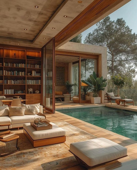 aesthetic home design interior cool house credit: unknown Pool Inside House, Two Living Room Ideas, Pool Home Design, Pool House Interior, Balmoral House, Resort Style Home, 2024 Memories, Outdoor Area Ideas, Aesthetic Home Design