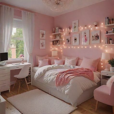 Decoration Above Tv, Room Ideas Aesthetic Vanity, Teen Girl Bedroom Wall Decor, Girly Room Ideas For Teens, Cute Aesthetic Bedroom Ideas, White Decor Bedroom, Room Inspo Aesthetic Minimalist, Fairy Lights Canopy, Dream Bedroom Cozy