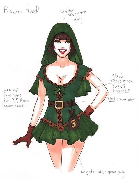 Robin Hood costume. Original design by Jessica R. Van Hulle. See more art at www.theladyjessica.com. #robinhood #robinhoodcostume #characters #characterdesign #illustration #conceptart #pinupart #costume #costumedesign #halloween ##halloweencostume #deluxecostumes #prettycostumes #sexycostumes #fashionillustration #fashion #fashiondesign #scifiart #fantasyart Robin Hood Halloween, Robin Hood Costume, Halloween 23, Woman Costume, Pin Up Art, Robin Hood, Women's Costumes, Sci Fi Art, Costume Design