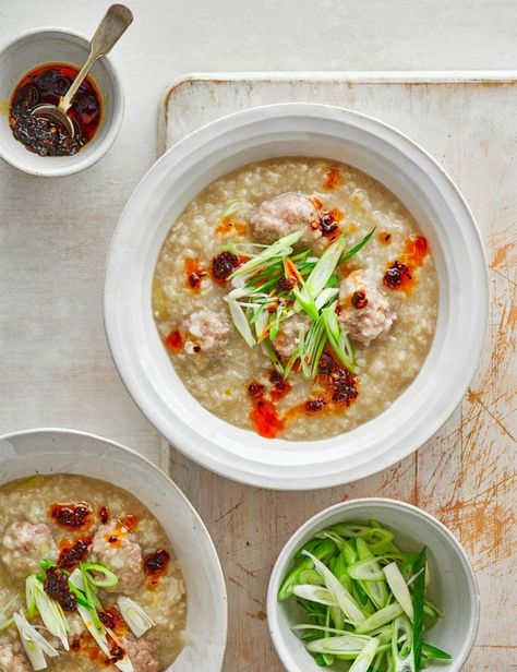 Try this savoury Thai porridge flavoured with ginger, chilli oil and spring onions, then topped with punchy pork meatballs Thai Porridge, Sage Meatballs, Congee Recipes, Thai Breakfast, Congee Recipe, Easy Thai Recipes, Thai Rice, Savory Rice, Chilli Oil