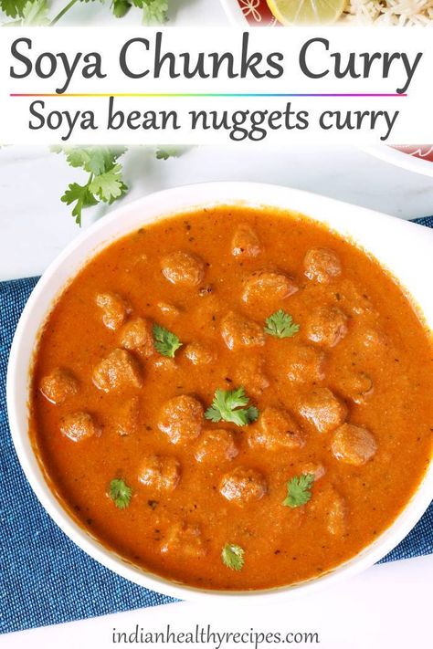 Soya chunks curry or meal maker curry is a dish made of soya nuggets. Serve it with any Indian meal. #soyachunks #soyachunkscurry #mealmaker #soyachunksrecipe via @swasthi Meal Maker Curry, Soya Nuggets Recipes, Indian Vegetable Curry, Soya Chunks Recipe, Soya Recipe, Vegetable Curry Recipes, Soya Chunks, Indian Meal, Veg Curry