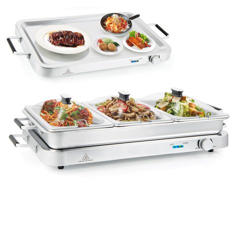 PRICES MAY VARY. Safe & 122℉-302℉Effective Heating: This 450W electric buffet server is ETL certified to provide safe and consistent heat for keeping your food warm. The temperature control knob allows you to adjust the heat from 122℉-302℉ as needed. Additionally, adding hot water to the water pan ensures even heating. 8 QT Capacity with 3 Serving Pans: Our buffet server has an 8 QT capacity and comes with 3 dishwasher-safe stainless steel food trays for easy cleaning and serving. Product Dimens Chafing Dish, Buffet Server, Party Catering, Chafing Dishes, Food Warmer, Party Buffet, Food Trays, Event Catering, Temperature Control