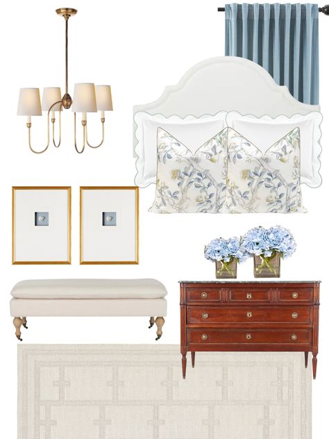 Emma Scalloped Bedding, Elegant Southern Living Room, Bench Master Bed, Blue Scalloped Bedding, Parisian Glam Bedroom, Blue Night Stands Bedroom, Ballard Designs Bedding, Grand Melinnial Style Bedroom, Art Above Headboard Ideas