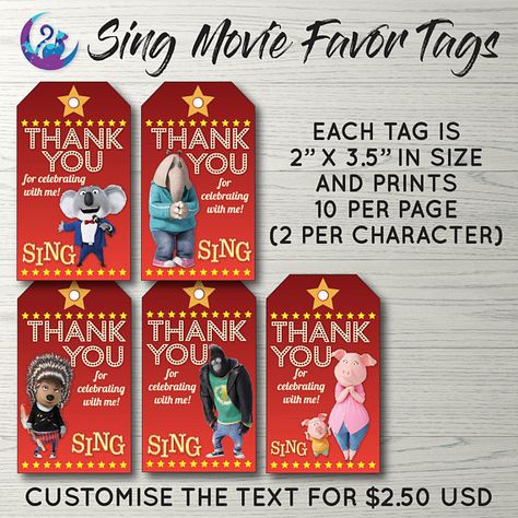 Sing Movie Favor Tags Sing Movie Tags Sing Movie Party Movie Party Decorations, Buster Moon, Emma Wiggle, Wiggles Birthday, Sing Movie, Movie Birthday Party, Favour Tags, Karaoke Party, Movie Birthday